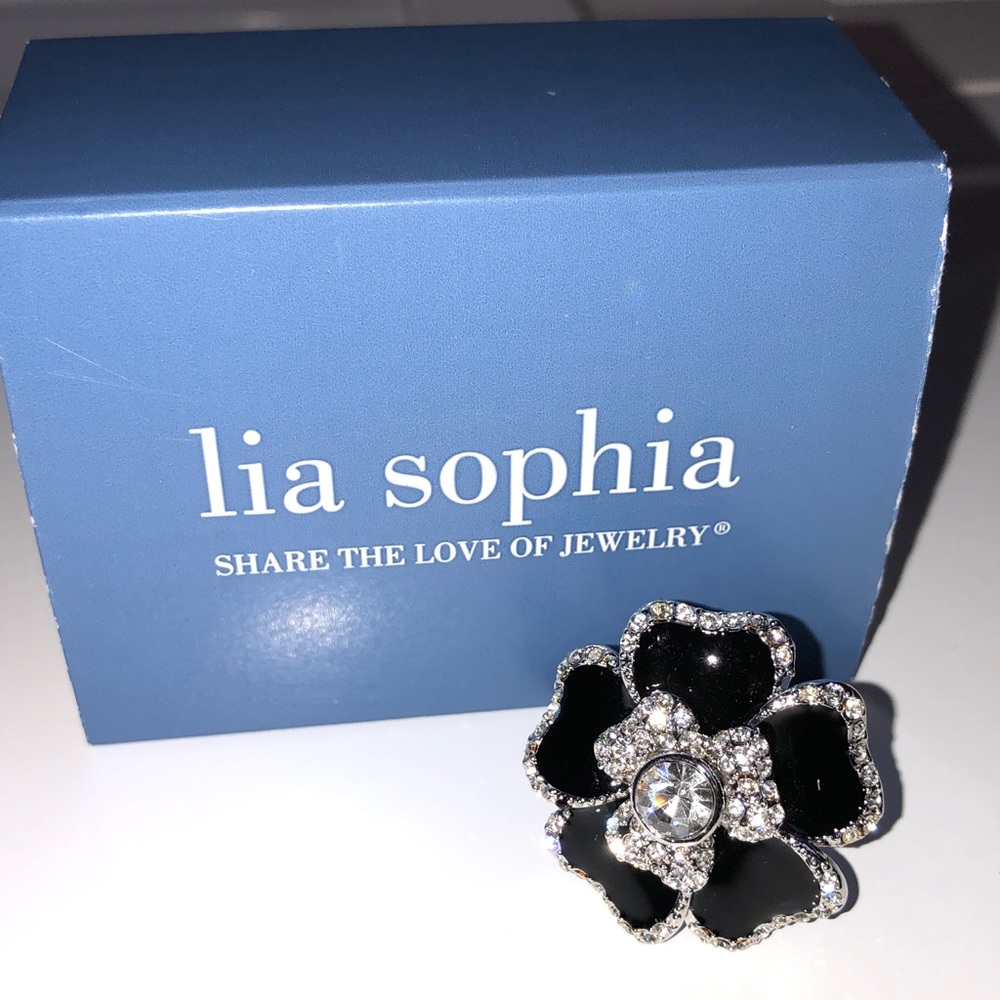 LIA SOPHIA ‘Dahlia’ Black Enamel & Crystal Flower Ring - size 8
